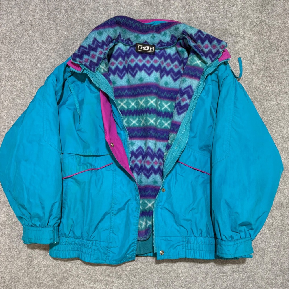 Vintage 80s IZZI Ski Jacket Mens Large Teal Magenta Geometric Fleece Lined Retro